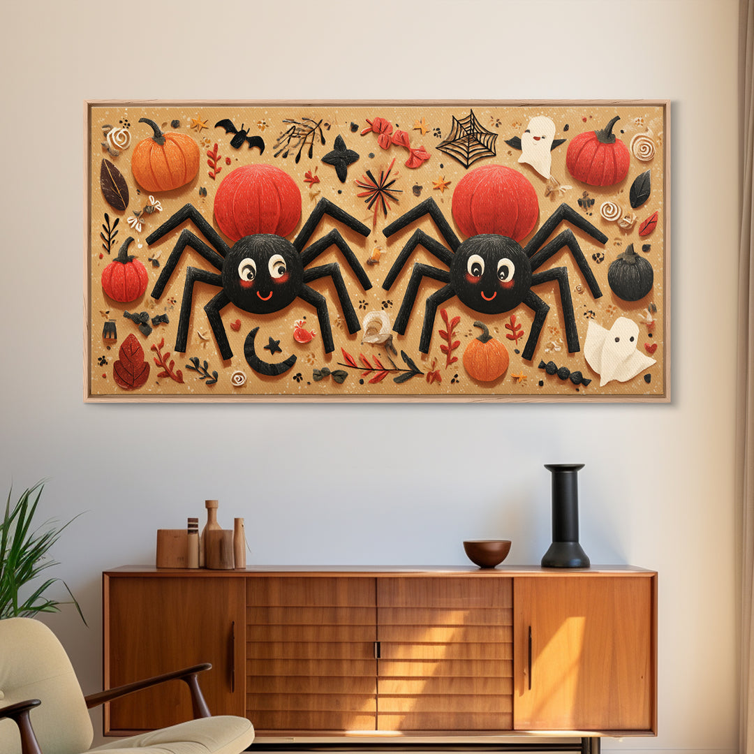 The Licorice Spider Family, Paper Collage Halloween, Wide Panoramic Art, Framed Canvas Print, Cute Halloween Wall Art