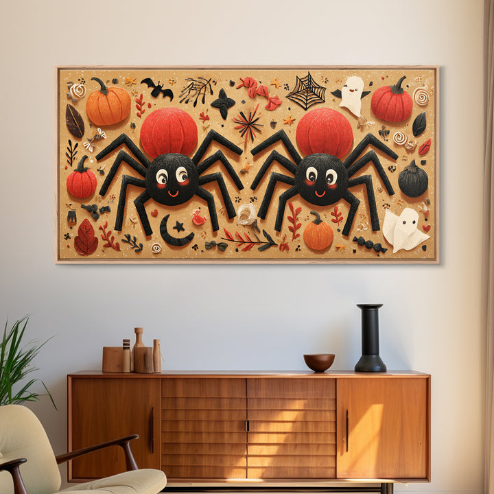 The Licorice Spider Family, Paper Collage Halloween, Wide Panoramic Art, Framed Canvas Print, Cute Halloween Wall Art