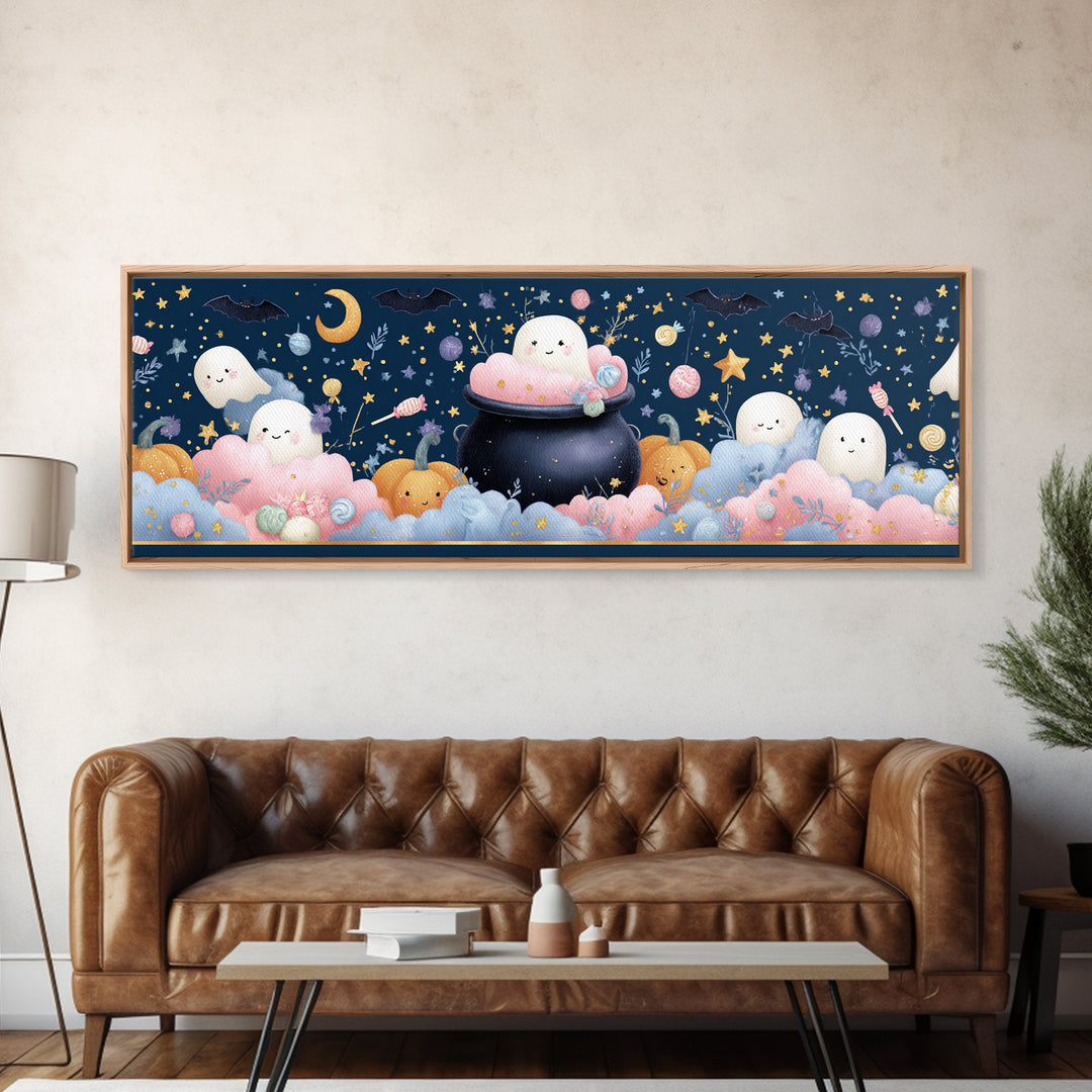 The Cotton-Candy Cauldron, Felt Halloween Art, Extra Wide Wall Art, Canvas Print, Cute Halloween Wall Art