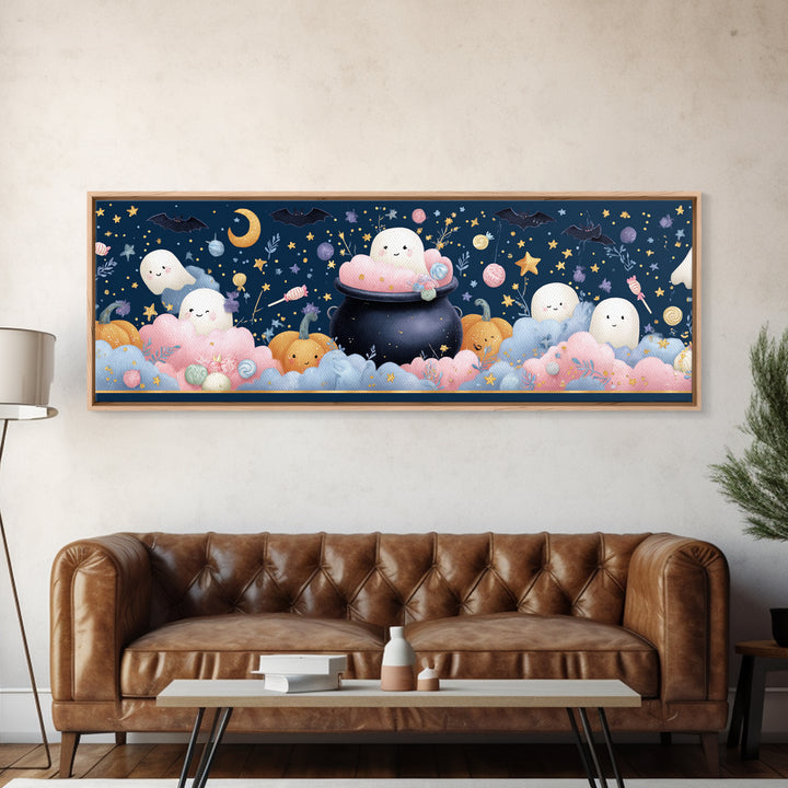 The Cotton-Candy Cauldron, Felt Halloween Art, Extra Wide Wall Art, Canvas Print, Cute Halloween Wall Art