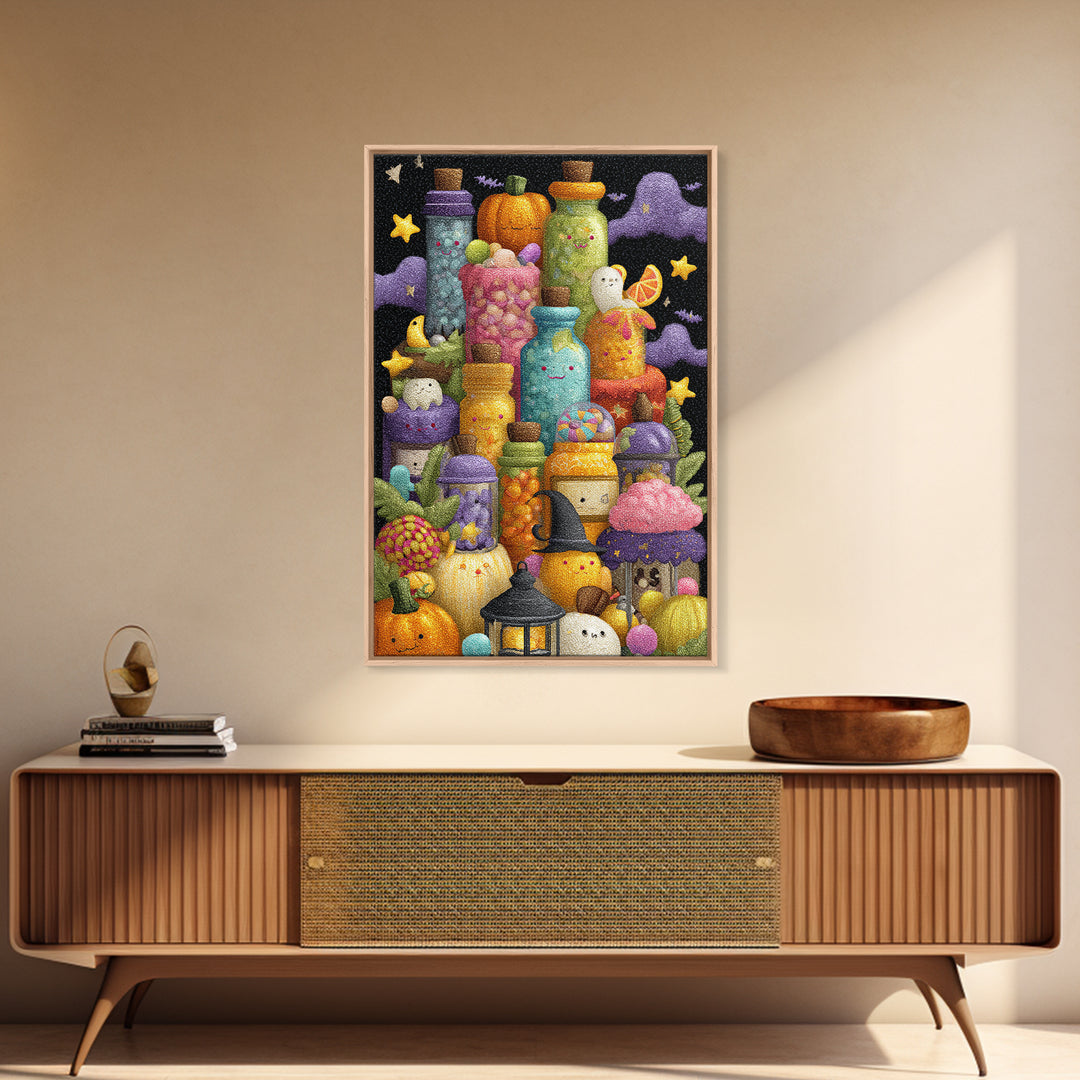 The Jellybean Potion Shop, Plush Halloween Art, Vertical Wall Art, Canvas Print, Cute Halloween Wall Art