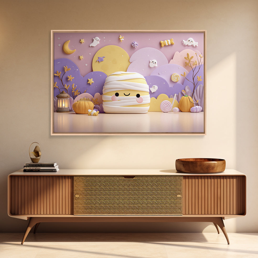 The Popcorn Mummy, Kawaii Halloween Art, Landscape Wall Art, Framed Canvas Print, Cute Halloween Wall Art