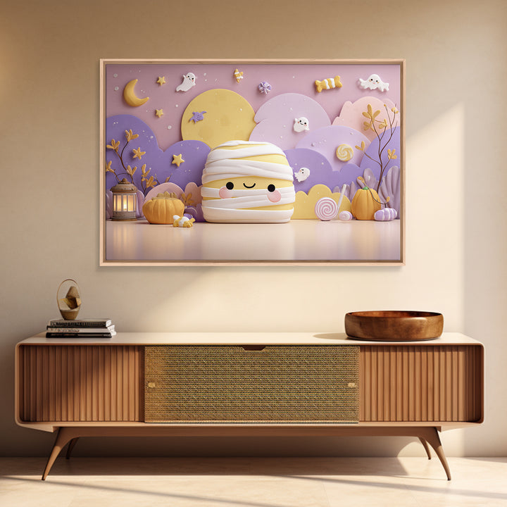 The Popcorn Mummy, Kawaii Halloween Art, Landscape Wall Art, Framed Canvas Print, Cute Halloween Wall Art