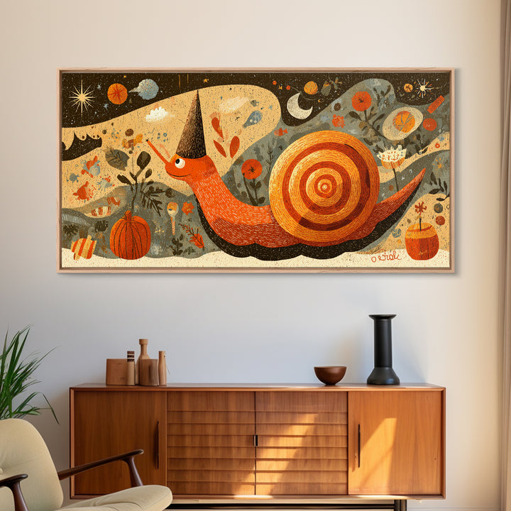 The Cinnamon-Roll Snail Witch, Screenprint Halloween Art, Wide Panoramic Art, Framed Canvas Print, Cute Halloween Wall Art