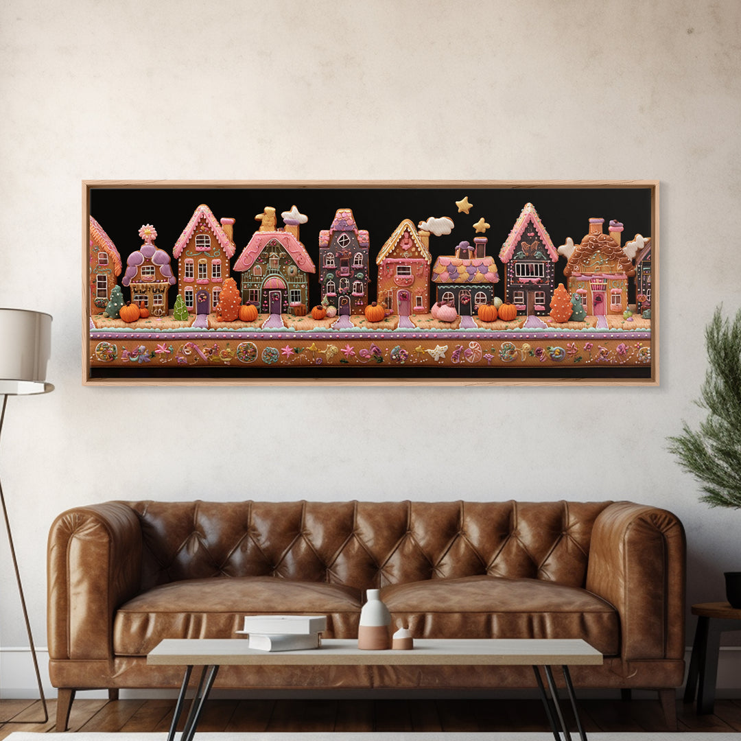 The Halloween Gingerbread Village, Folk Halloween Art, Extra Wide Wall Art, Canvas Print, Cute Halloween Wall Art