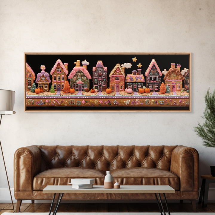 The Halloween Gingerbread Village, Folk Halloween Art, Extra Wide Wall Art, Canvas Print, Cute Halloween Wall Art