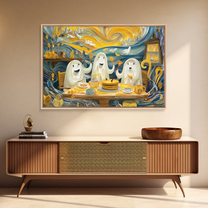 The Ghost Family Breakfast, Quilled Halloween Art, Landscape Wall Art, Framed Canvas Print, Cute Halloween Wall Art