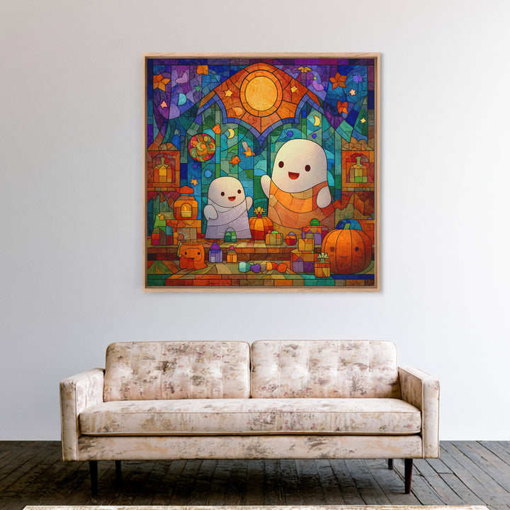 The Ghost Daycare, Stained Glass Halloween, Square Wall Art, Canvas Print, Cute Halloween Wall Art, Halloween Kids Decor