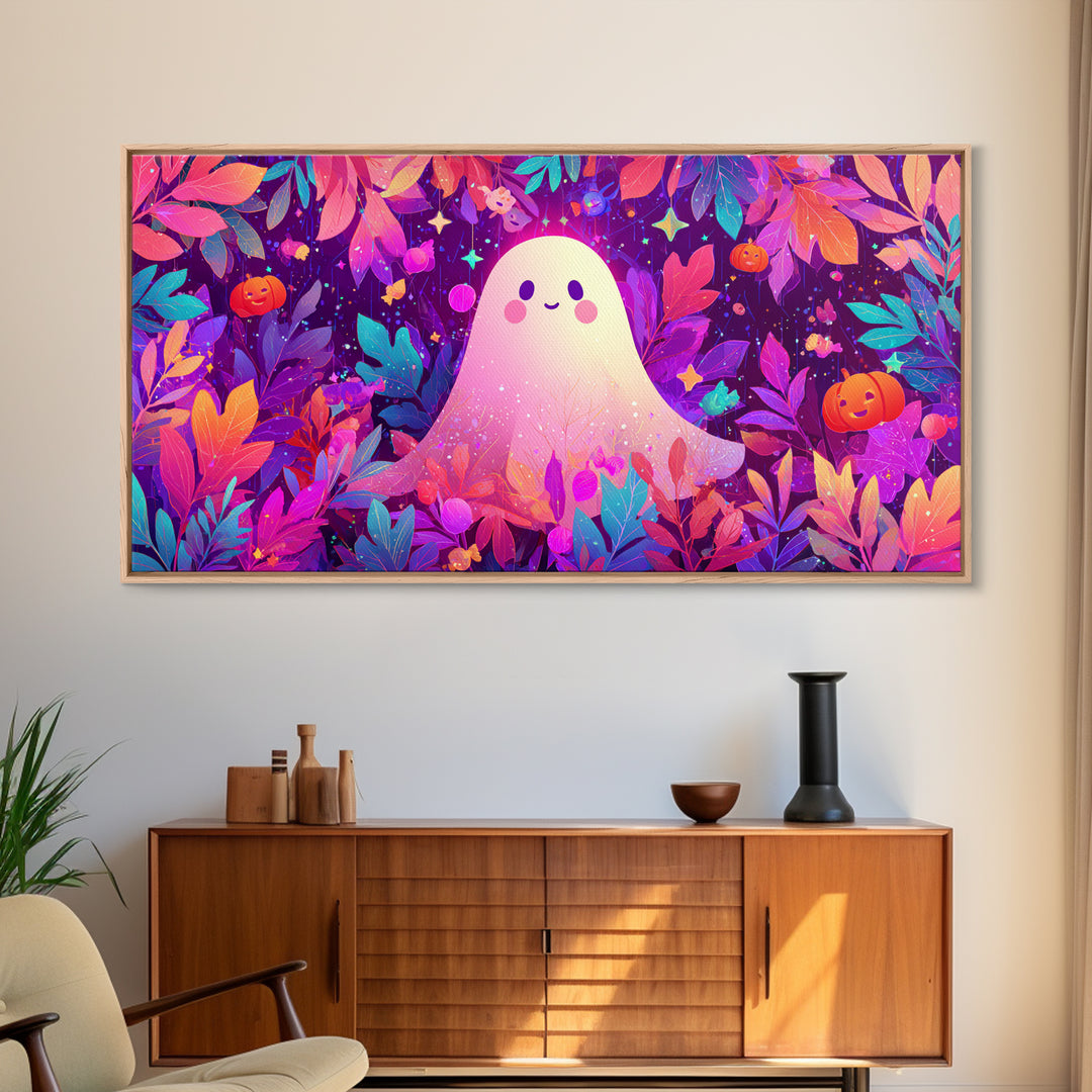 The Ghost With A Flower Crown, Vaporwave Halloween Art, Wide Panoramic Art, Framed Canvas Print, Cute Halloween Wall Art