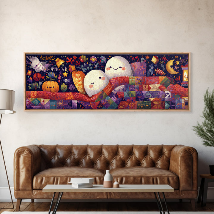 The Sleepy Blanket Ghost, Pixel Halloween Art, Extra Wide Wall Art, Canvas Print, Cute Halloween Wall Art