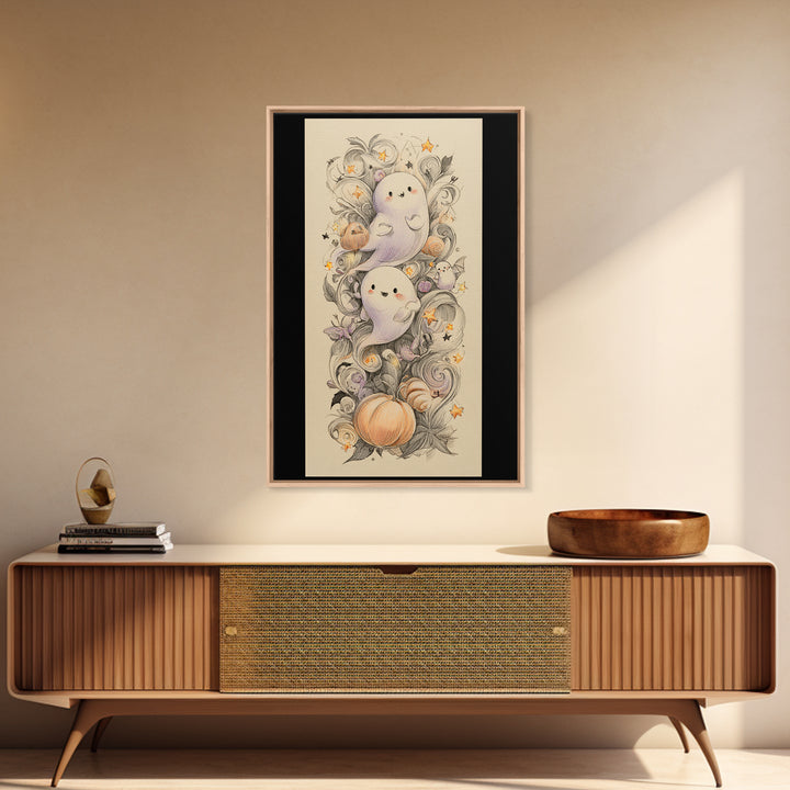 The Ghost And Firefly Friends, Hand Sketch Halloween Art, Vertical Wall Art, Canvas Print, Cute Halloween Wall Art