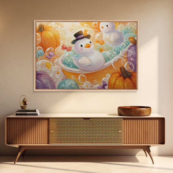 The Ghost Bubble Bath, Watercolor Halloween Art, Landscape Wall Art, Framed Canvas Print, Cute Halloween Wall Art