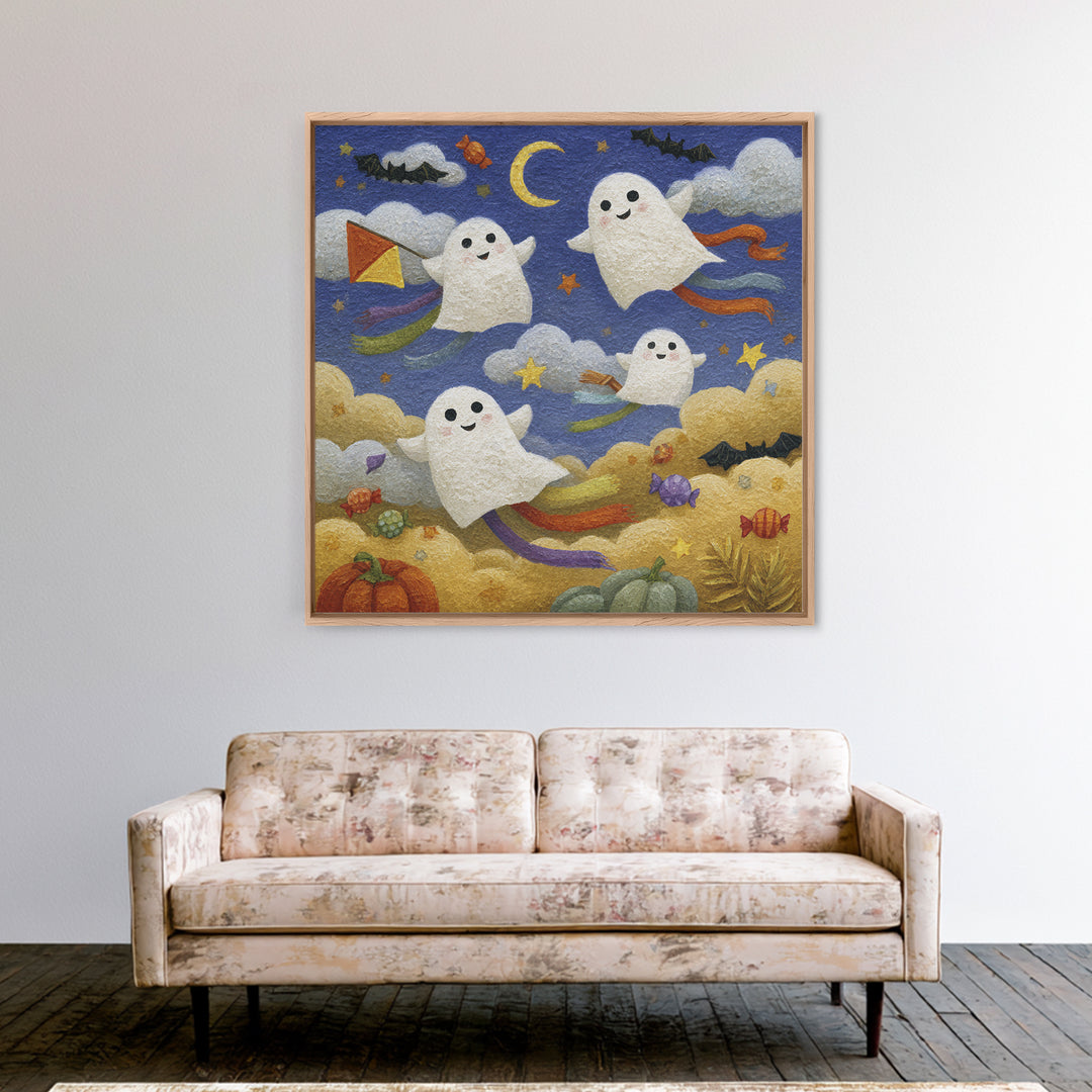 The Ghost Kite Festival, Gouache Halloween Art, Square Wall Art, Canvas Print, Cute Halloween Wall Art