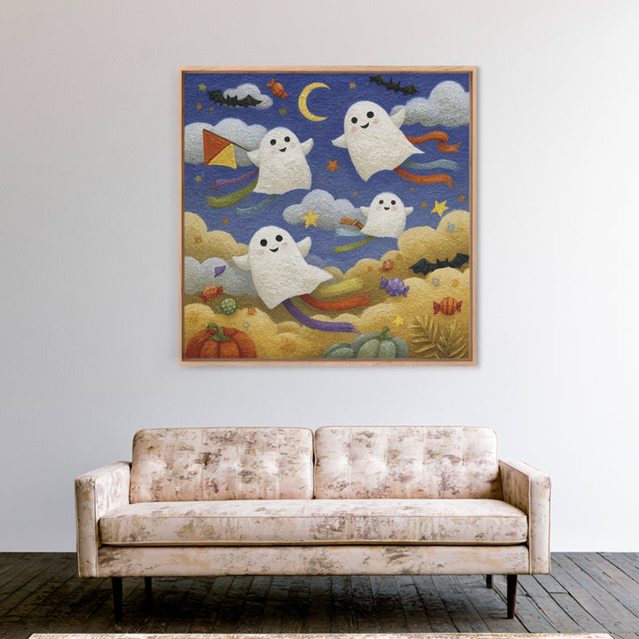 The Ghost Kite Festival, Gouache Halloween Art, Square Wall Art, Canvas Print, Cute Halloween Wall Art