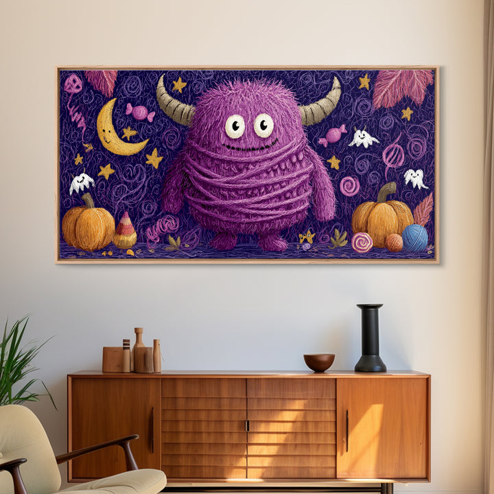 The Fuzzy Purple Monster, Crayon Halloween Art, Wide Panoramic Art, Framed Canvas Print, Cute Halloween Wall Art