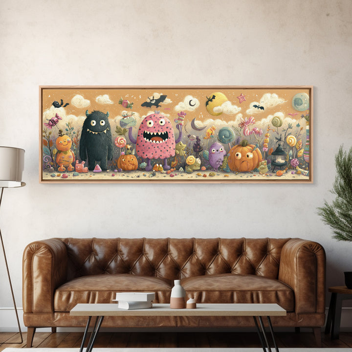 The Polka-Dot Monster, Pastel Halloween Art, Extra Wide Wall Art, Canvas Print, Cute Halloween Wall Art