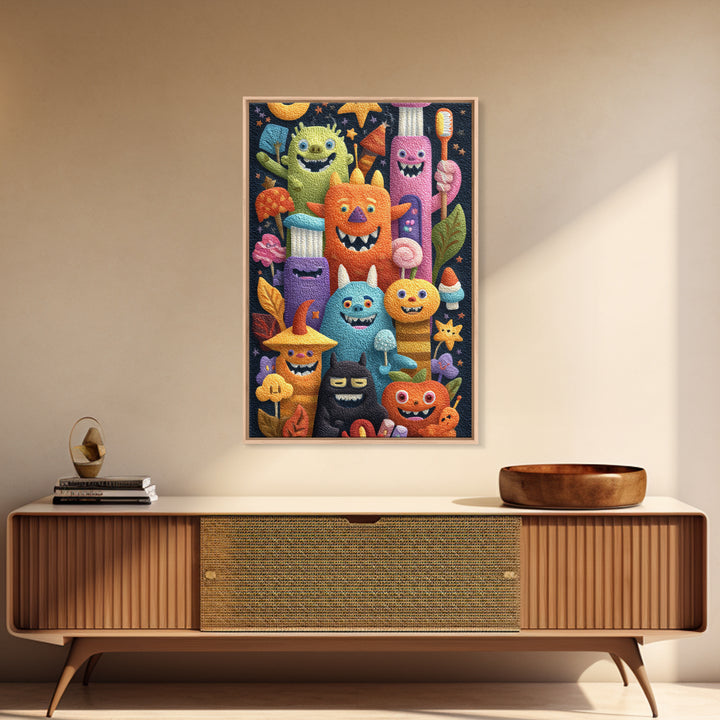 The Monster Toothbrush Club, Felt Halloween Art, Vertical Wall Art, Canvas Print, Cute Halloween Wall Art