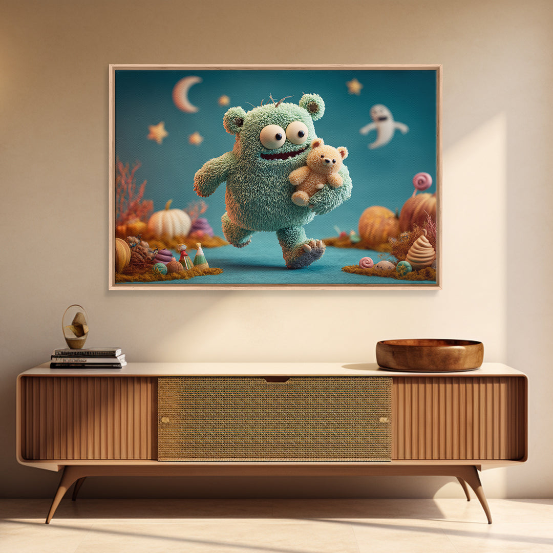 The Three-Eyed Teddy Monster, Clay Halloween Art, Landscape Wall Art, Framed Canvas Print, Cute Halloween Wall Art