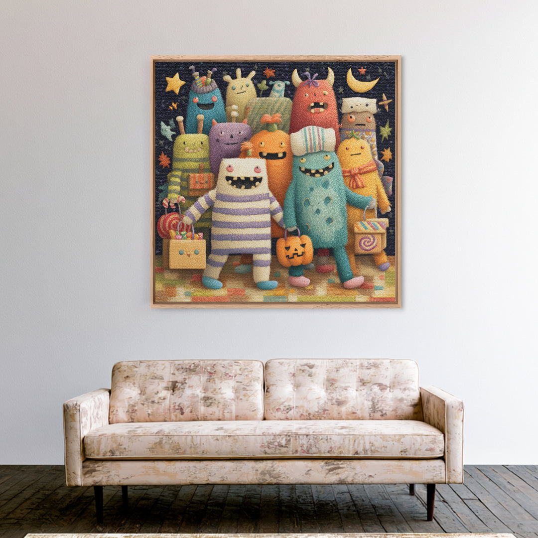 The Monster Pajama Parade, Plush Halloween Art, Square Wall Art, Canvas Print, Cute Halloween Wall Art