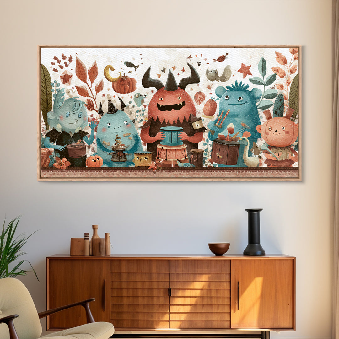 The Little Monster Orchestra, Kawaii Halloween Art, Wide Panoramic Art, Framed Canvas Print, Cute Halloween Wall Art