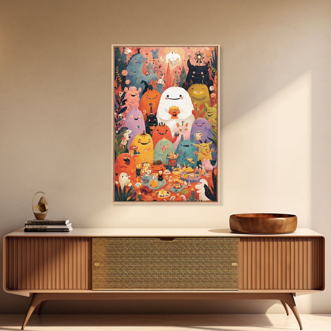 The Monster Friendship Picnic, Folk Halloween Art, Vertical Wall Art, Canvas Print, Cute Halloween Wall Art