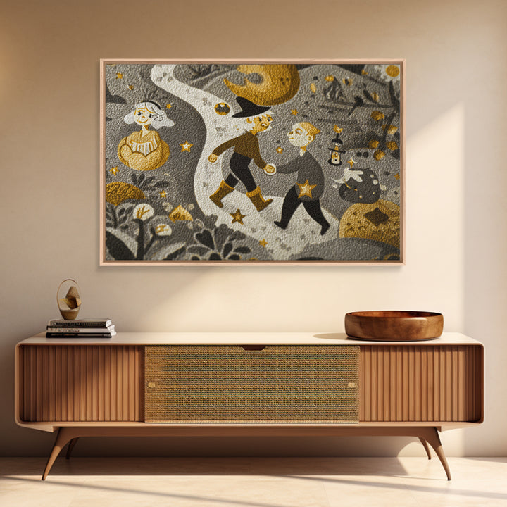 The Trick-Or-Treat Treasure Hunt, Linocut Halloween Art, Landscape Wall Art, Framed Canvas Print, Cute Halloween Wall Art