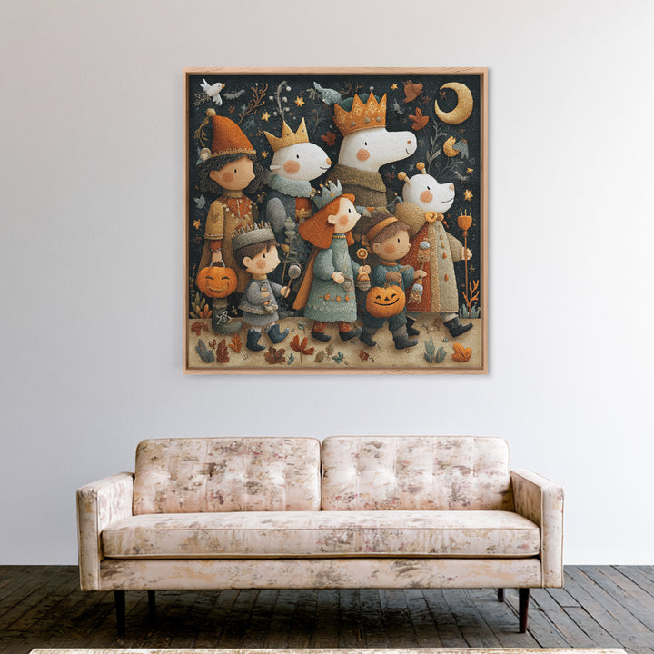 The Costume Parade, Embroidered Halloween Art, Square Wall Art, Canvas Print, Cute Halloween Wall Art