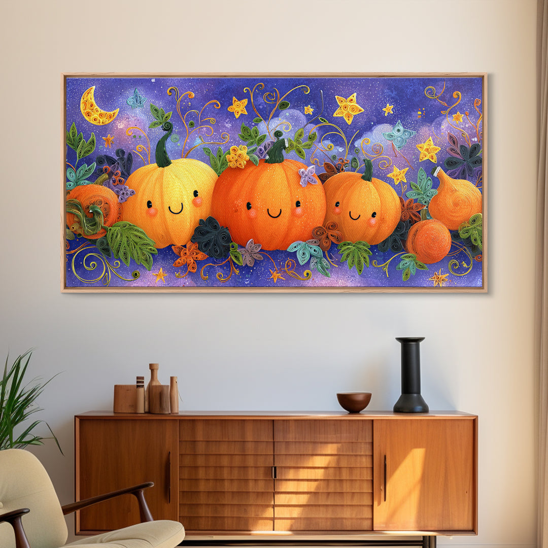 The Pumpkin Painting Party, Quilled Halloween Art, Wide Panoramic Art, Framed Canvas Print, Cute Halloween Wall Art
