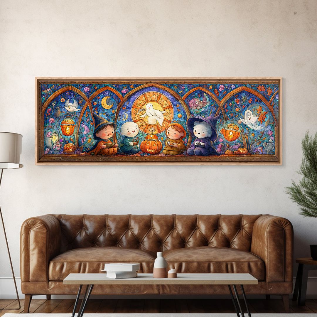 The Halloween Story Circle, Stained Glass Halloween, Extra Wide Wall Art, Canvas Print, Cute Halloween Wall Art