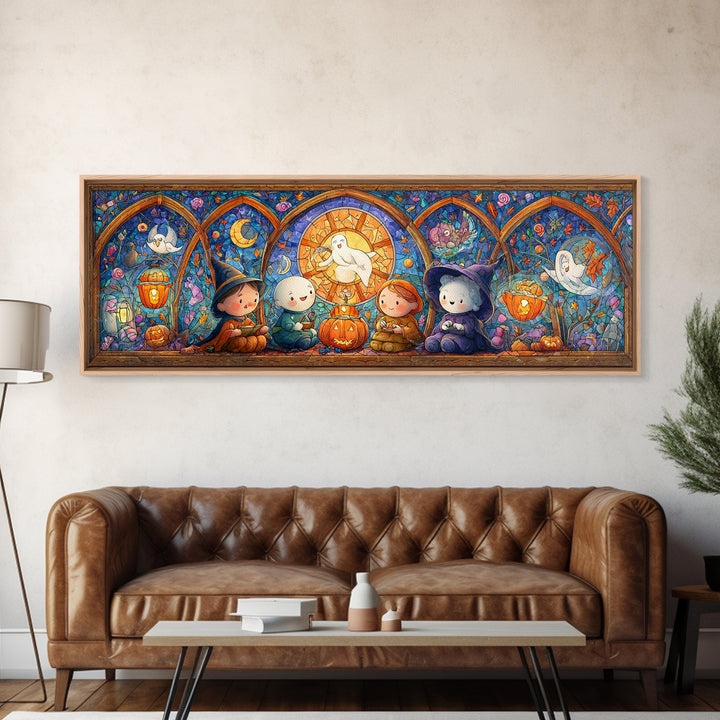 The Halloween Story Circle, Stained Glass Halloween, Extra Wide Wall Art, Canvas Print, Cute Halloween Wall Art