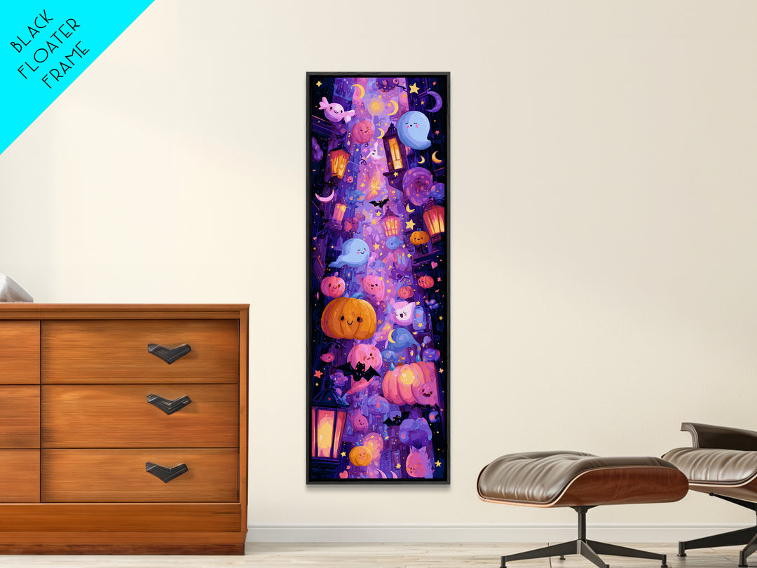 The Moonlight Dance Party, Vaporwave Halloween Art, Tall Narrow Wall Art, Framed Canvas Print, Cute Halloween Wall Art