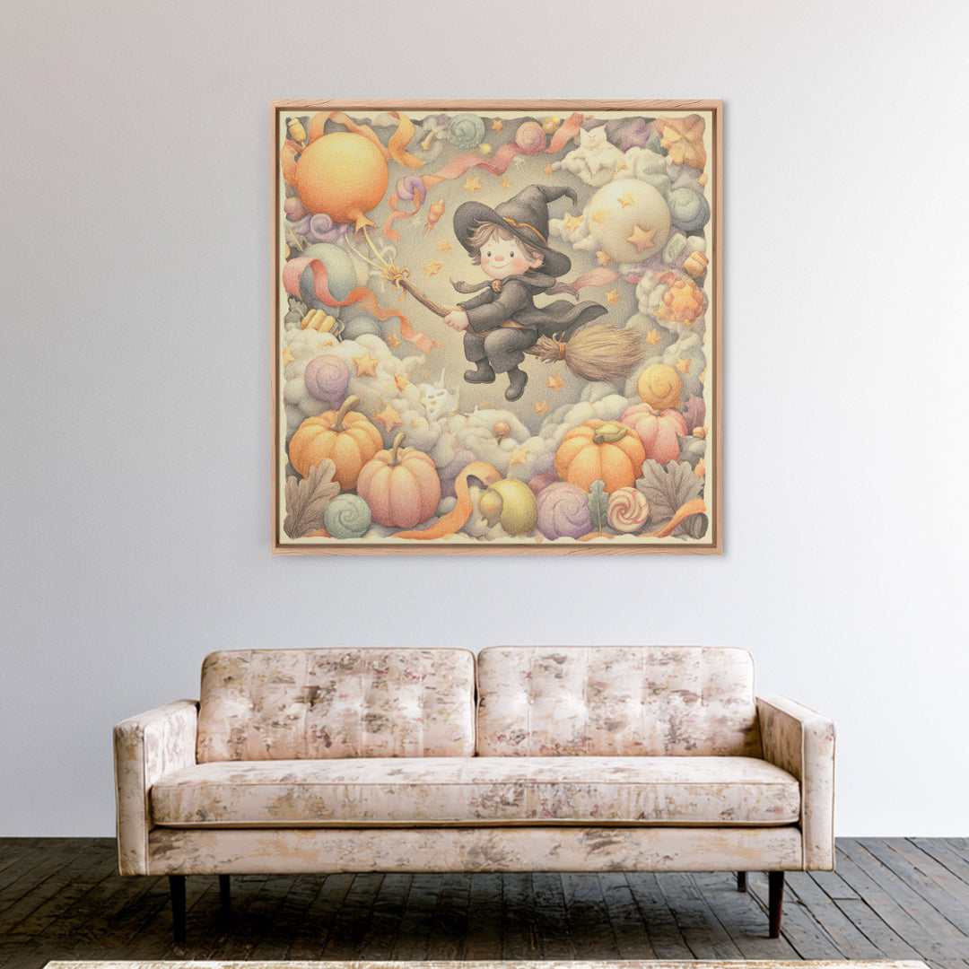 The Broomstick Obstacle Course, Hand Sketch Halloween Art, Square Wall Art, Canvas Print, Cute Halloween Wall Art
