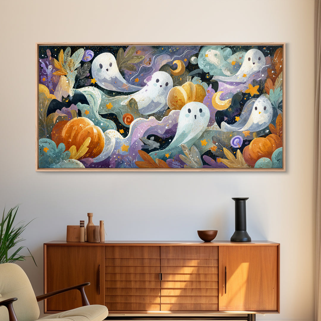 The Halloween Craft Table, Watercolor Halloween Art, Wide Panoramic Art, Framed Canvas Print, Cute Halloween Wall Art