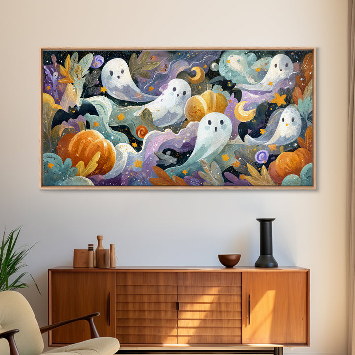 The Halloween Craft Table, Watercolor Halloween Art, Wide Panoramic Art, Framed Canvas Print, Cute Halloween Wall Art