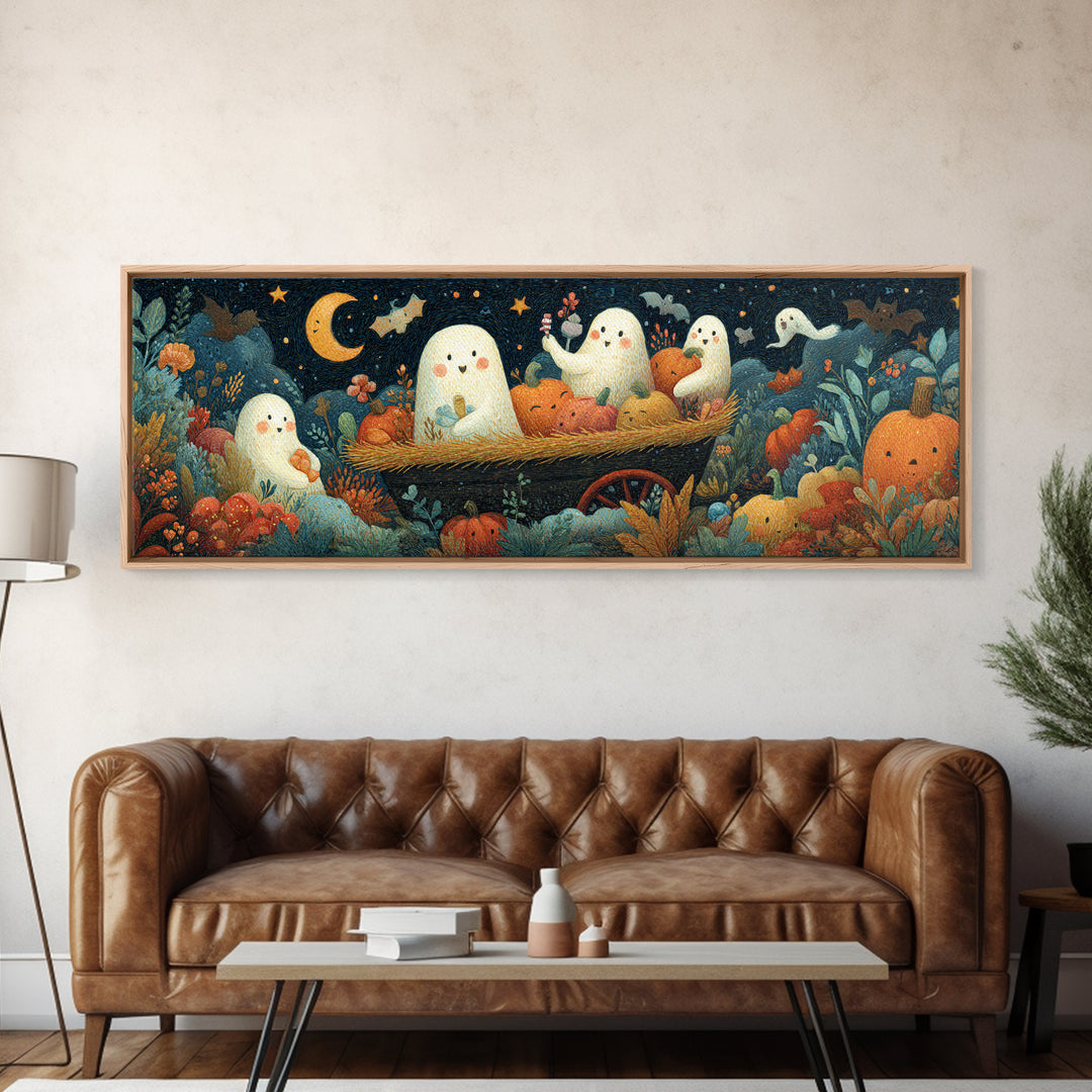 The Friendly Haunted Hayride, Gouache Halloween Art, Extra Wide Wall Art, Canvas Print, Cute Halloween Wall Art