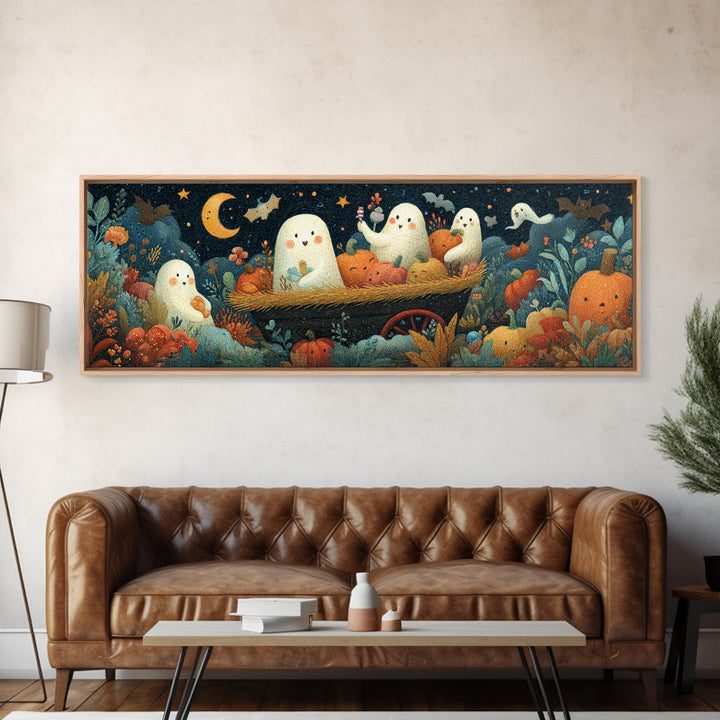 The Friendly Haunted Hayride, Gouache Halloween Art, Extra Wide Wall Art, Canvas Print, Cute Halloween Wall Art