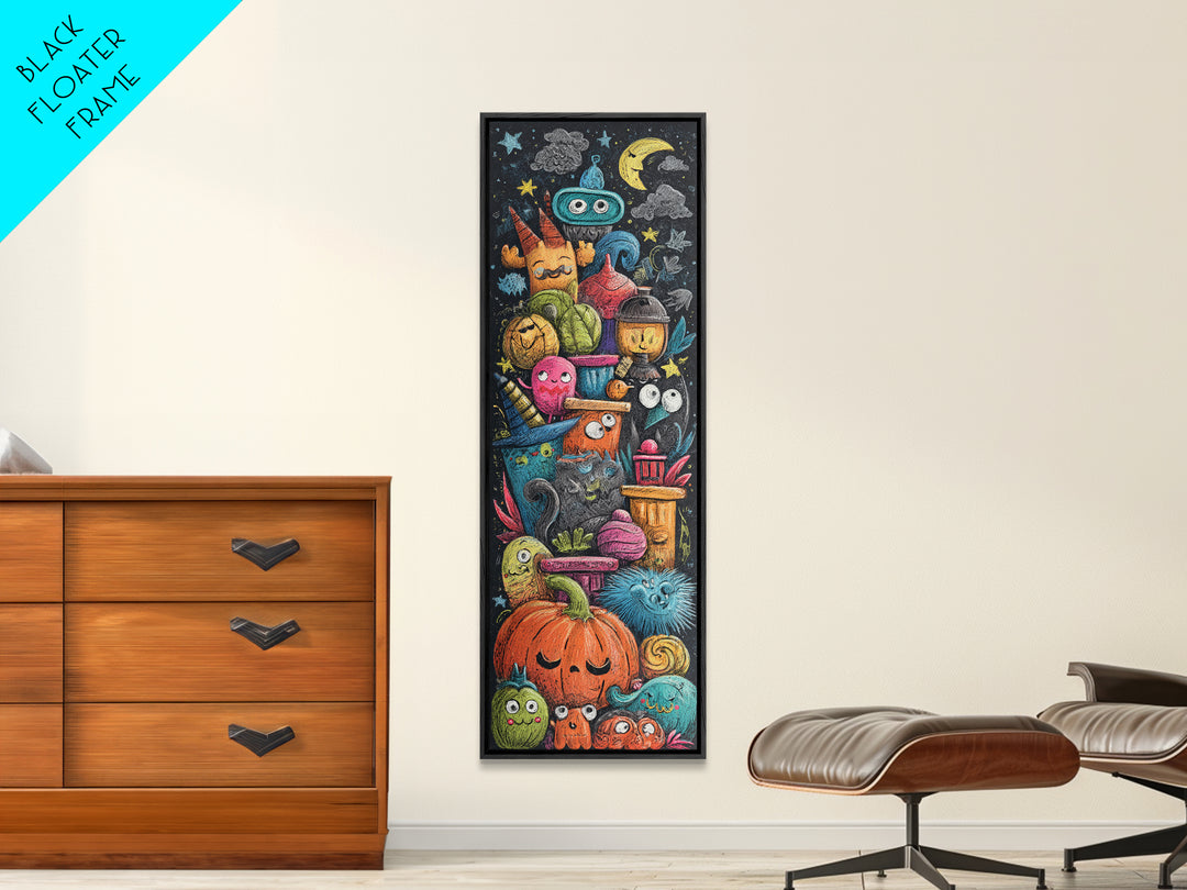The Costume Photo Booth, Crayon Halloween Art, Tall Narrow Wall Art, Framed Canvas Print, Cute Halloween Wall Art