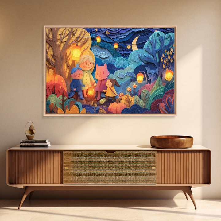 The Lantern-Making Festival, Paper Collage Halloween, Landscape Wall Art, Framed Canvas Print, Cute Halloween Wall Art