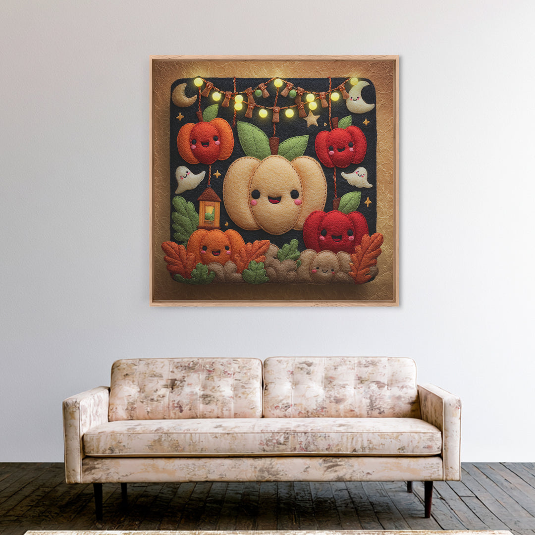 The Candy Apple Dance, Felt Halloween Art, Square Wall Art, Canvas Print, Cute Halloween Wall Art, Halloween Kids Decor