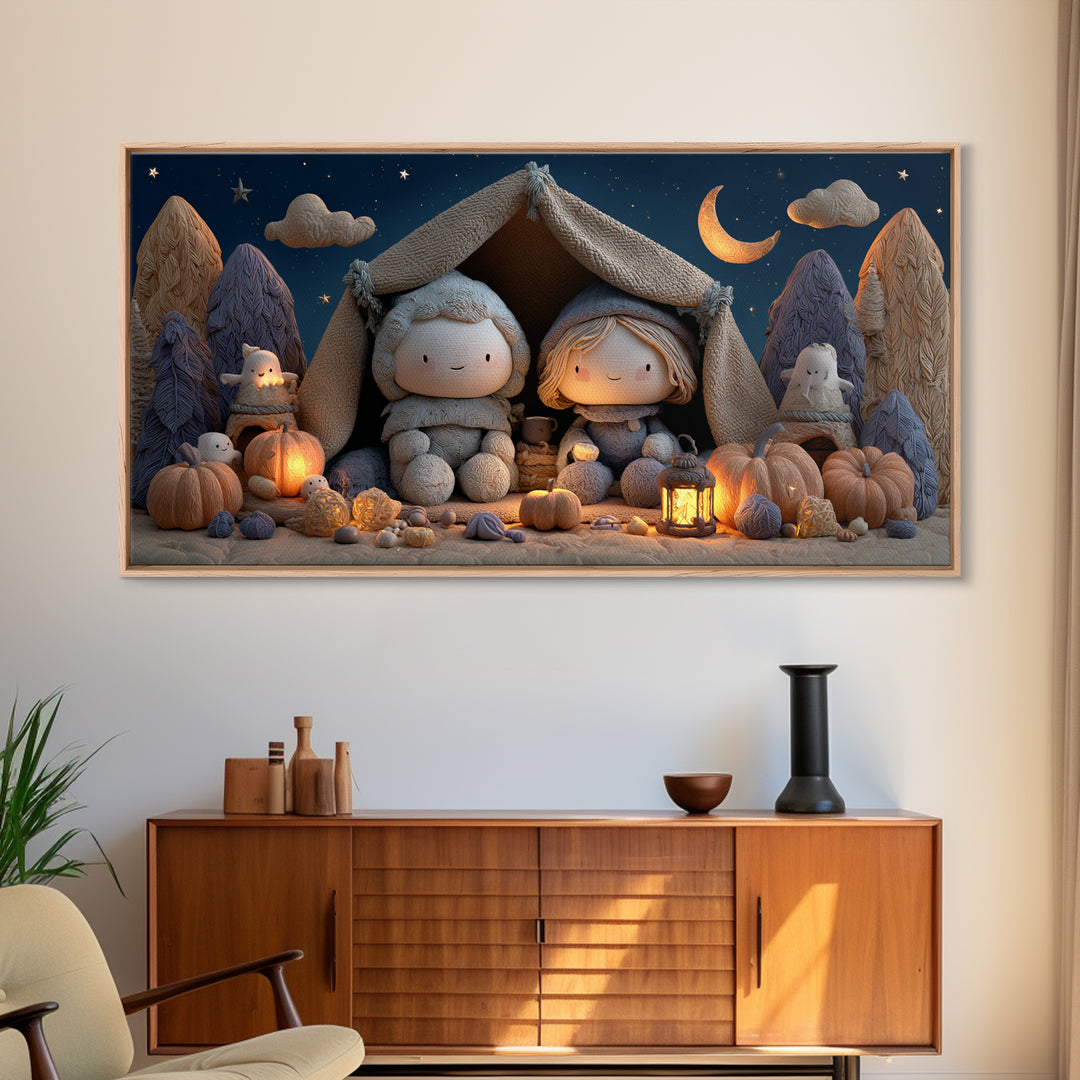 The Halloween Sleepover, Clay Halloween Art, Wide Panoramic Art, Framed Canvas Print, Cute Halloween Wall Art