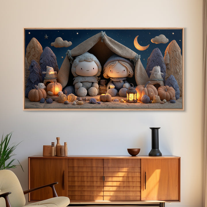 The Halloween Sleepover, Clay Halloween Art, Wide Panoramic Art, Framed Canvas Print, Cute Halloween Wall Art