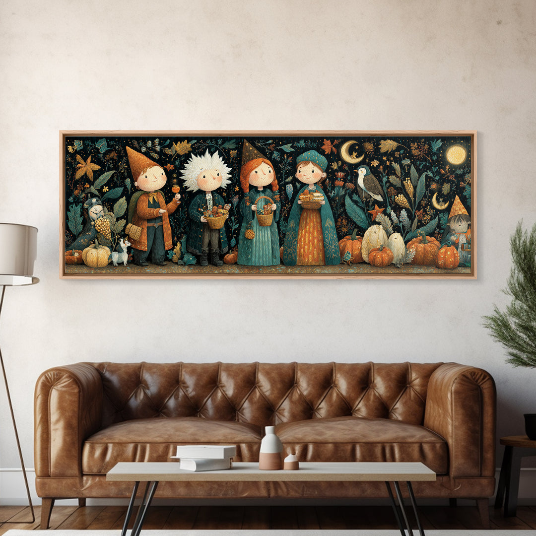 The Moonlit Scavenger Hunt, Plush Halloween Art, Extra Wide Wall Art, Canvas Print, Cute Halloween Wall Art