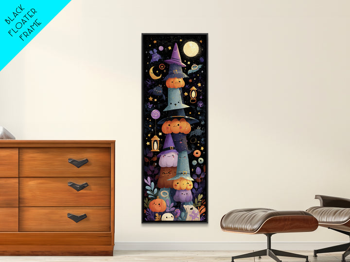 The Witch Hat Ring Toss, Kawaii Halloween Art, Tall Narrow Wall Art, Framed Canvas Print, Cute Halloween Wall Art