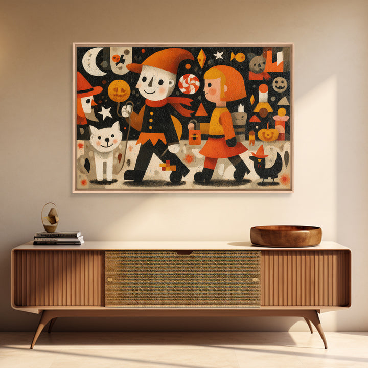 The Halloween Pet Parade, Screenprint Halloween Art, Landscape Wall Art, Framed Canvas Print, Cute Halloween Wall Art
