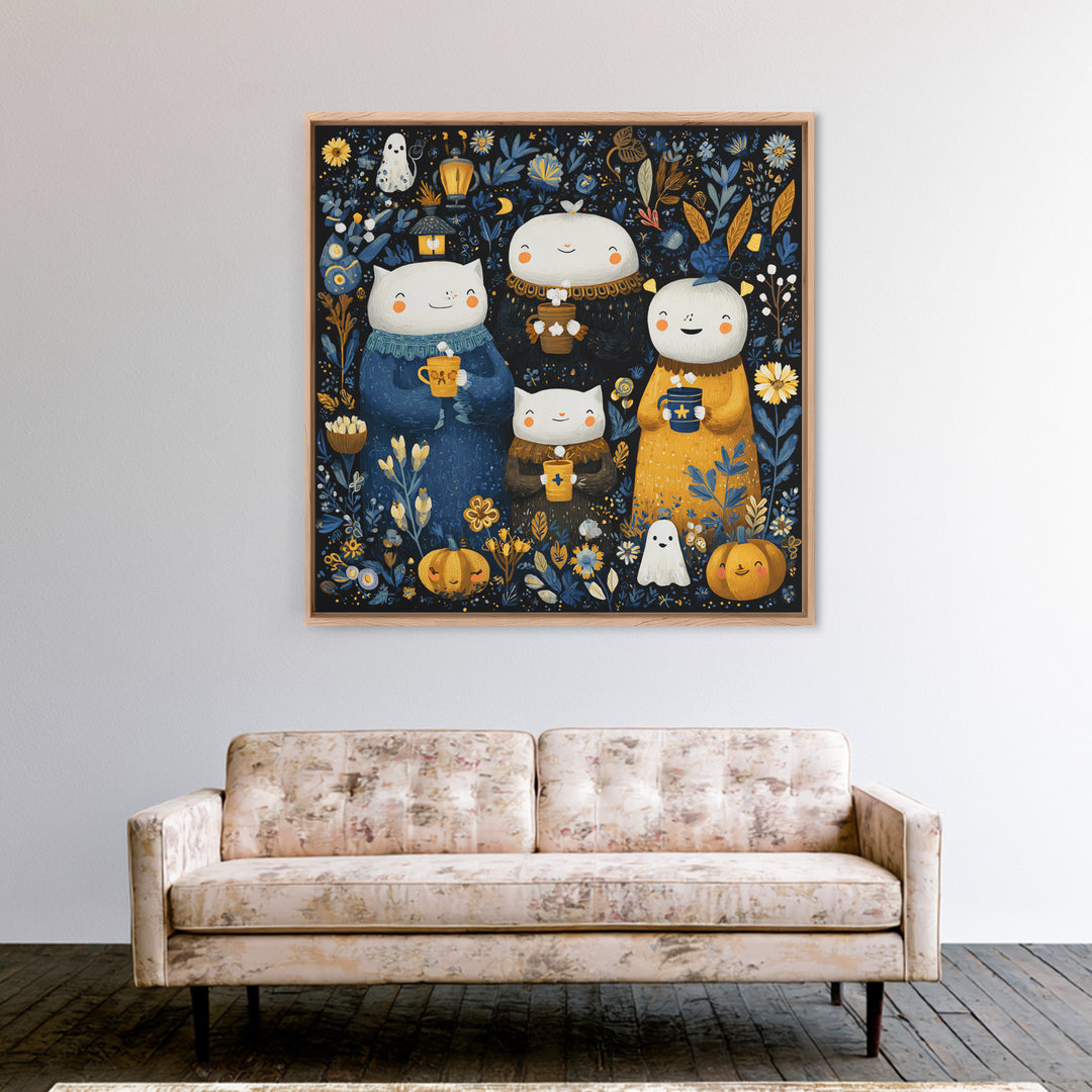 The Midnight Cocoa Party, Folk Halloween Art, Square Wall Art, Canvas Print, Cute Halloween Wall Art