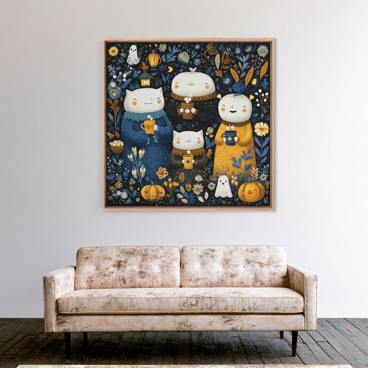 The Midnight Cocoa Party, Folk Halloween Art, Square Wall Art, Canvas Print, Cute Halloween Wall Art