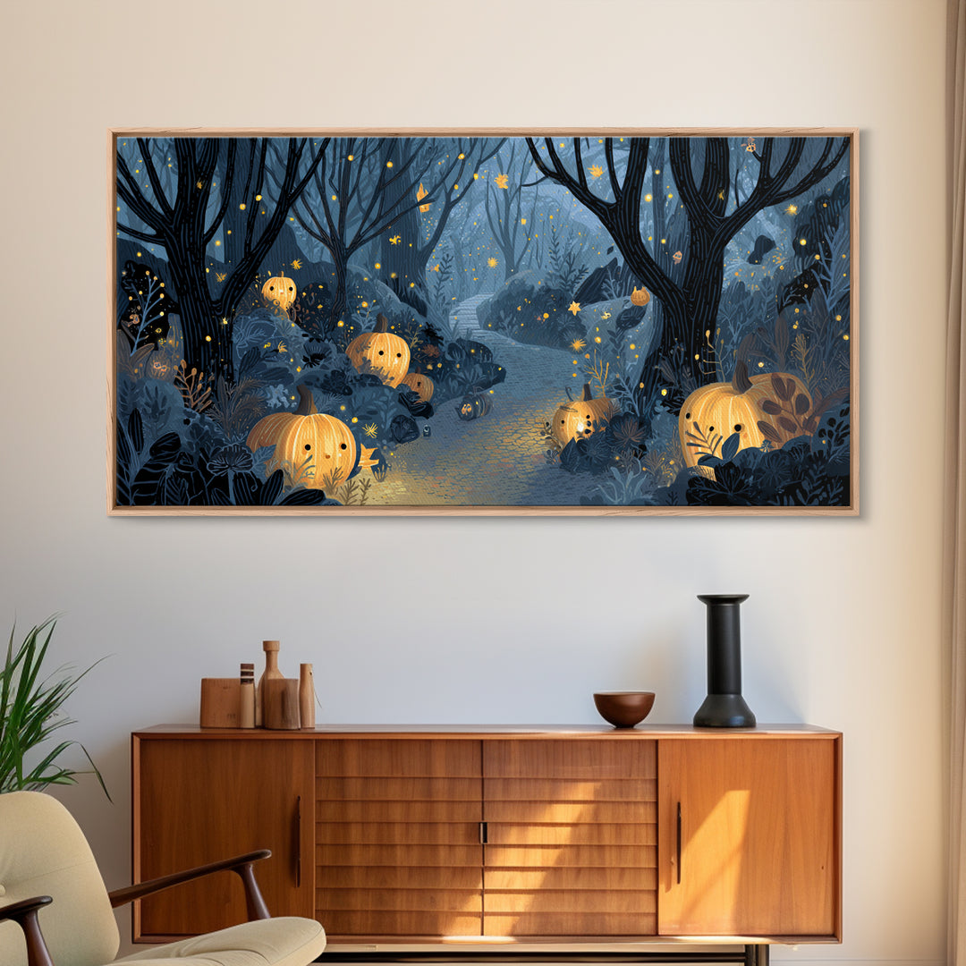 The Firefly Lantern Forest, Linocut Halloween Art, Wide Panoramic Art, Framed Canvas Print, Cute Halloween Wall Art