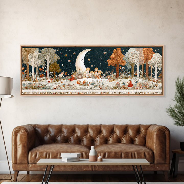 The Smiling Moon Meadow, Embroidered Halloween Art, Extra Wide Wall Art, Canvas Print, Cute Halloween Wall Art