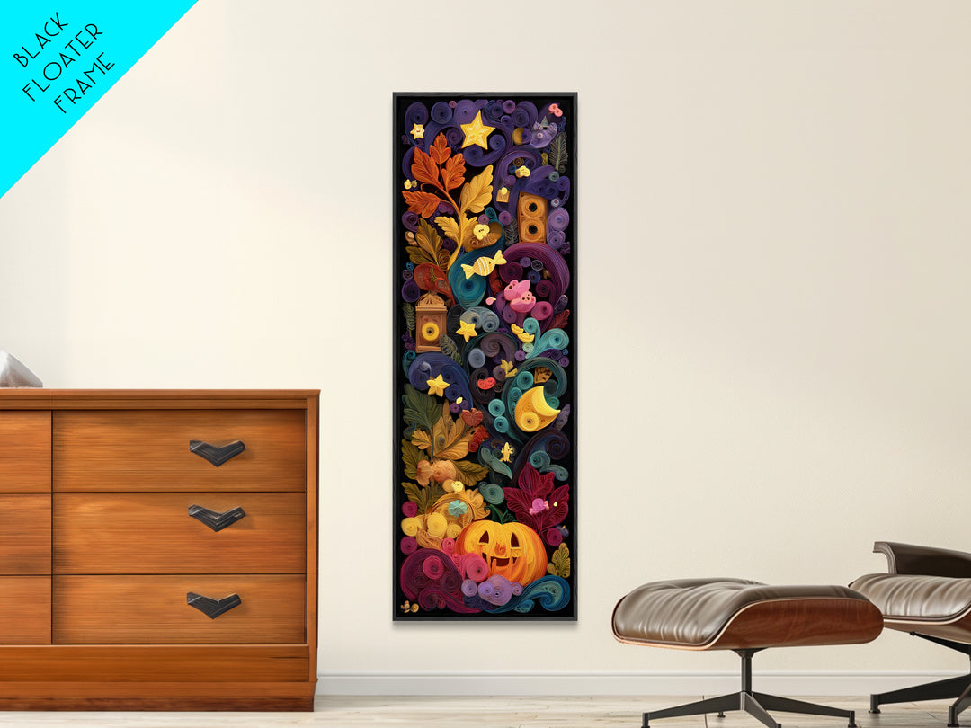 The Dancing Autumn Leaves, Quilled Halloween Art, Tall Narrow Wall Art, Framed Canvas Print, Cute Halloween Wall Art