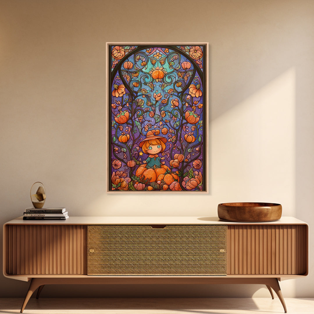 The Pumpkin Flower Garden, Stained Glass Halloween, Vertical Wall Art, Canvas Print, Cute Halloween Wall Art